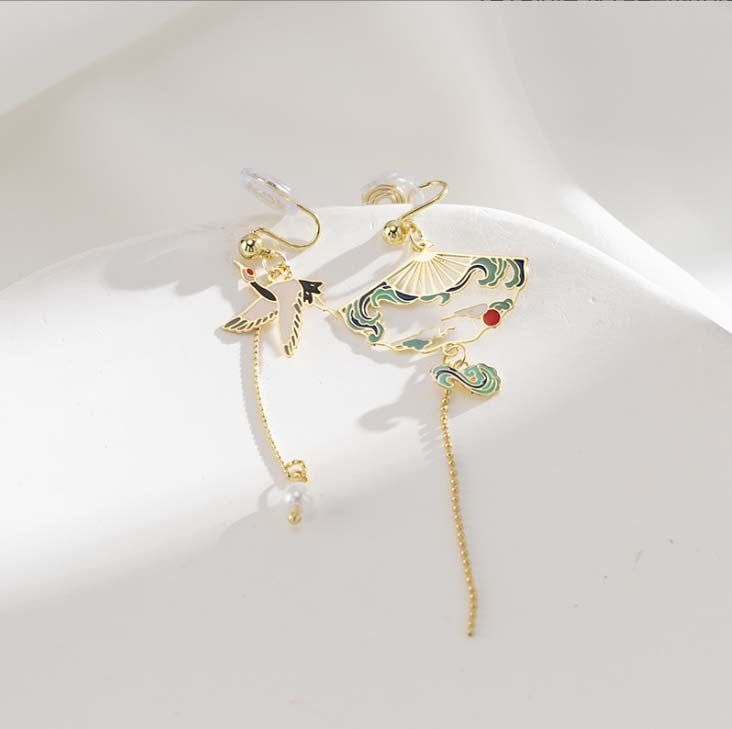 Crane Earrings | Chinese Style Asymmetrical Earrings | Chinese Vintage Accessories
