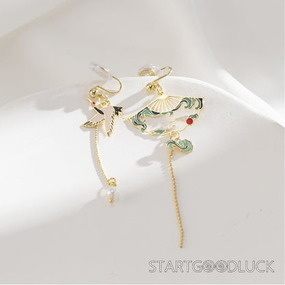 Crane Earrings | Chinese Style Asymmetrical Earrings | Chinese Vintage Accessories