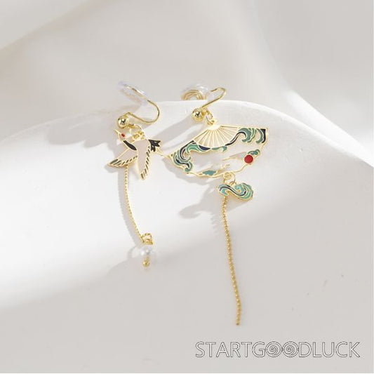 Crane Earrings | Chinese Style Asymmetrical Earrings | Chinese Vintage Accessories
