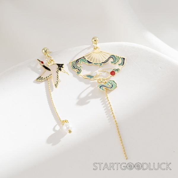 Crane Earrings | Chinese Style Asymmetrical Earrings | Chinese Vintage Accessories