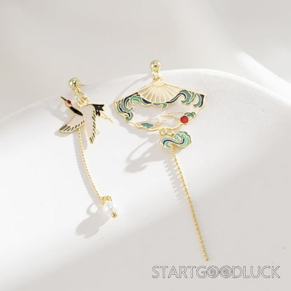 Crane Earrings | Chinese Style Asymmetrical Earrings | Chinese Vintage Accessories