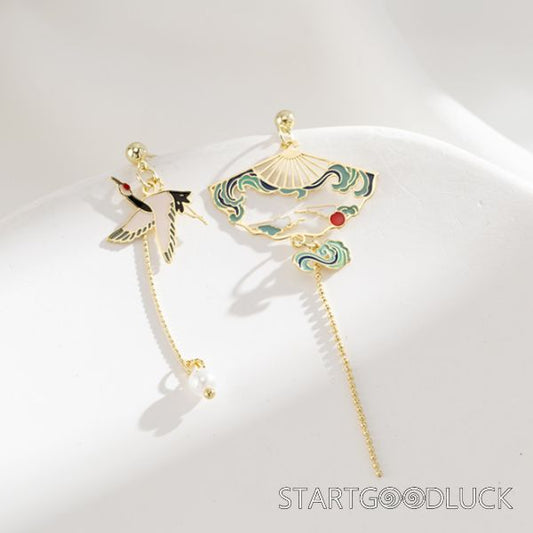 Crane Earrings | Chinese Style Asymmetrical Earrings | Chinese Vintage Accessories