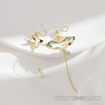 Crane Earrings | Chinese Style Asymmetrical Earrings | Chinese Vintage Accessories