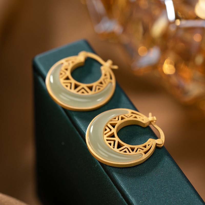 Crescent Moon Earrings-Natural Hetian Jade Stone & Silver