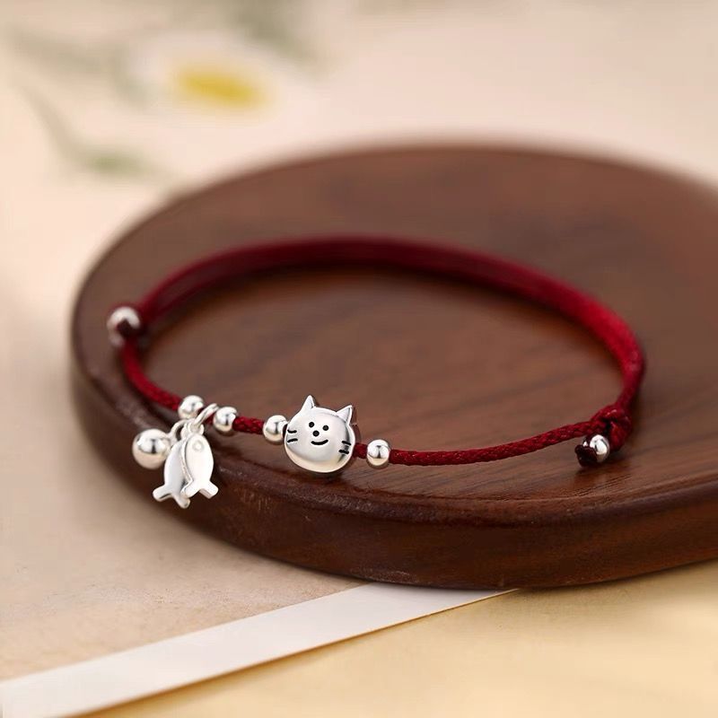 Cute Silver Bracelet with Cat & Fish Charms – StartGoodLuck