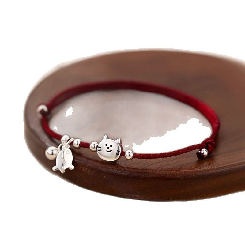 Cute Silver Bracelet with Cat & Fish Charms – StartGoodLuck