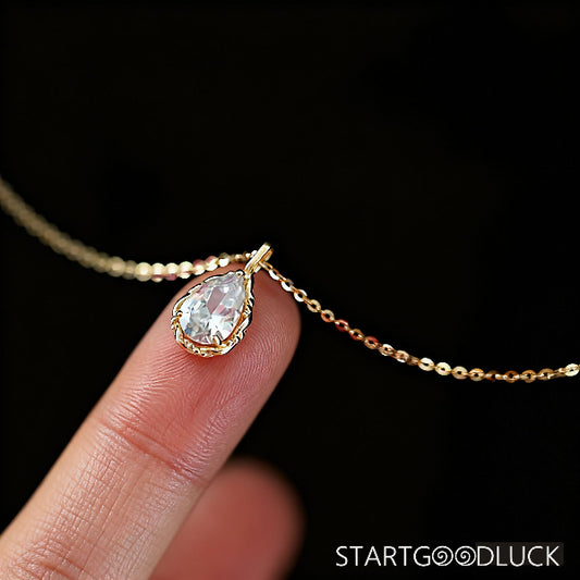 Dainty gold necklace | Elegant Teardrop Crystal Gold Pendant Necklace