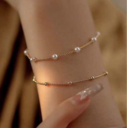 Double Layer Bracelet | Fresh-water Pearl Beads Bracelet | Adjustable Gold/Silver Chain