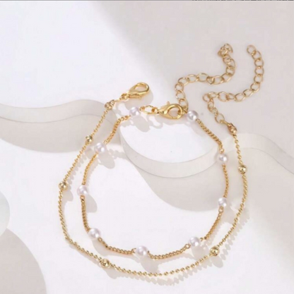 Double Layer Bracelet | Fresh-water Pearl Beads Bracelet | Adjustable Gold/Silver Chain