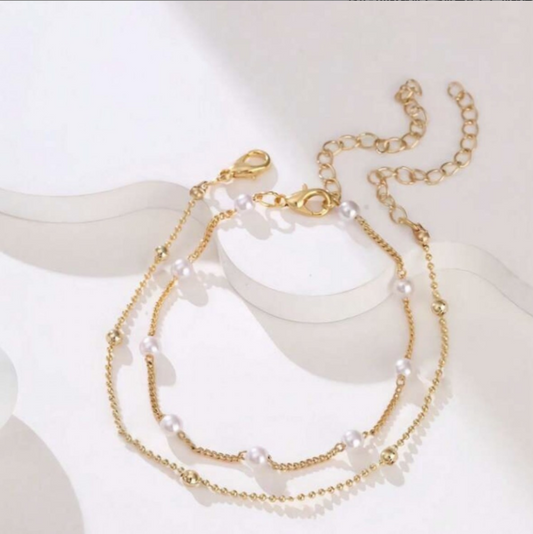 Double Layer Bracelet | Fresh-water Pearl Beads Bracelet | Adjustable Gold/Silver Chain