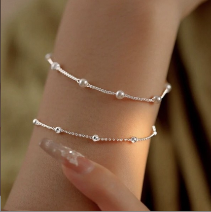 Double Layer Bracelet | Fresh-water Pearl Beads Bracelet | Adjustable Gold/Silver Chain