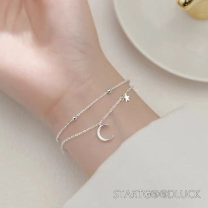 Double Layer Silver Bracelet | Moon & Star Bracelet | Best Birthday Gift