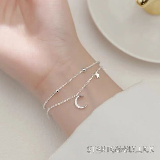 Double Layer Silver Bracelet | Moon & Star Bracelet | Best Birthday Gift