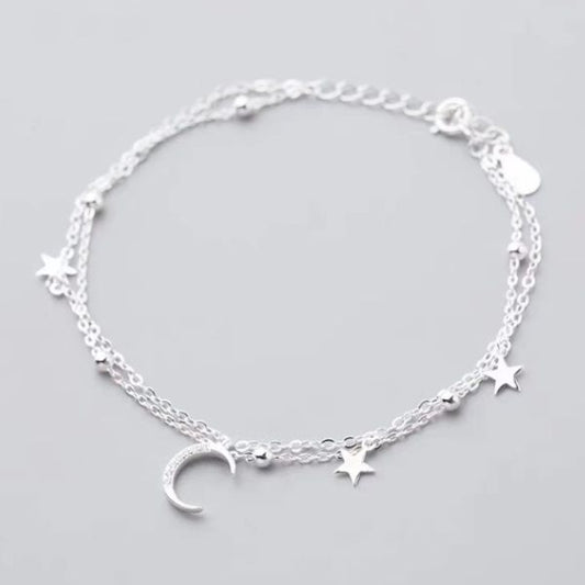 Double Layer Silver Bracelet | Moon & Star Bracelet | Best Birthday Gift