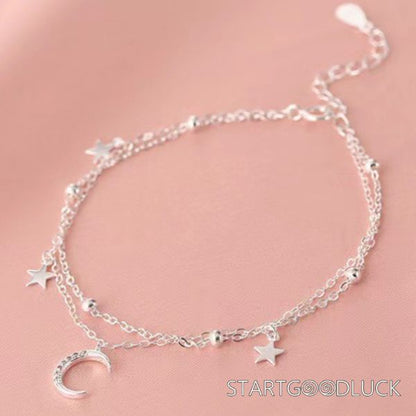 Double Layer Silver Bracelet | Moon & Star Bracelet | Best Birthday Gift