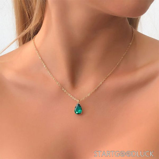 Emerald Diamond Necklace - Elegant Teardrop Emerald Pendant with Silver Gold Plated Chain