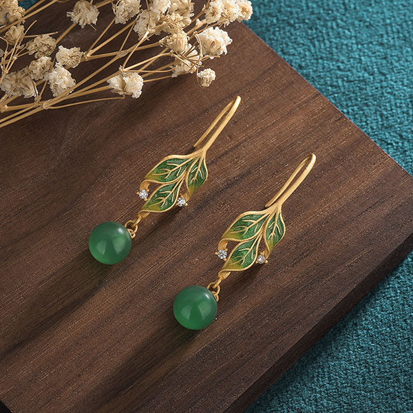Enamel Leaf Earrings with Green Agate Drop