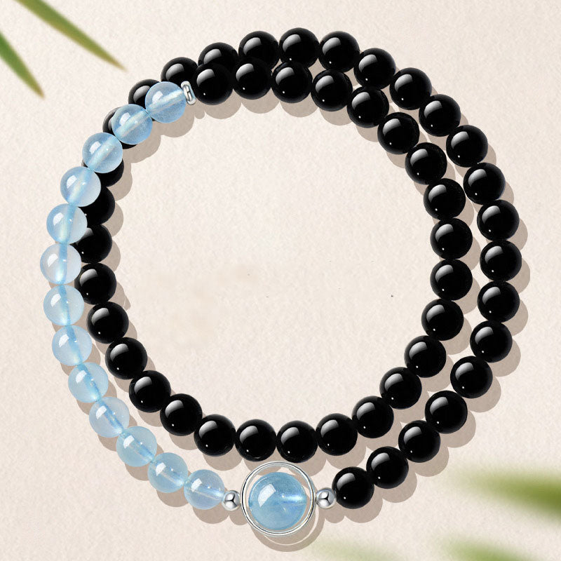 Feng Shui Black Obsidian Bracelet for Courage, Balance & Harmony Double Ring 6mm Obsidian + Aquamarine