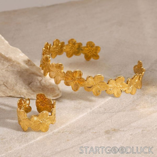 Flower Bracelet Bangle for Women | Gold Color Flora Stainless Steel Bracelets  & Ring Set