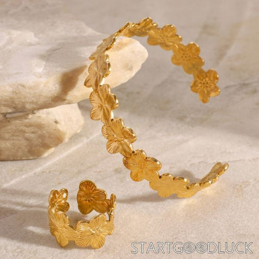 Flower Bracelet Bangle for Women | Gold Color Flora Stainless Steel Bracelets  & Ring Set