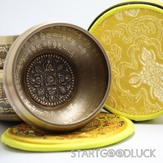 Four-Faced Buddha Singing Bowl Set-Tibetan Hand-Carved Om Mani Padme Hum | Mental Healing