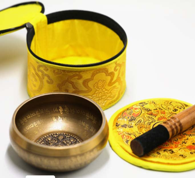 Four-Faced Buddha Singing Bowl Set-Tibetan Hand-Carved Om Mani Padme Hum | Mental Healing