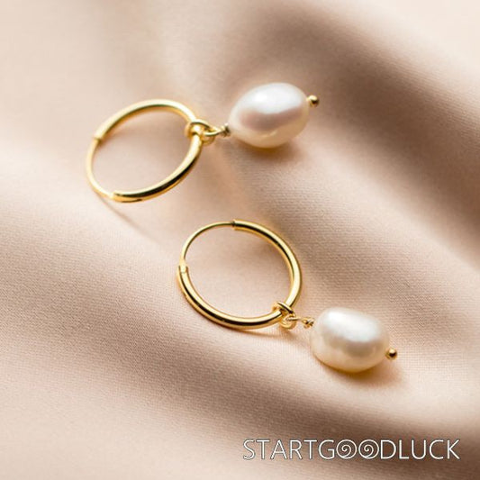 Freshwater Pearl Drop Earrings | Minimalist Gold Huggie Earrings Loops | Always Appropriate Gift