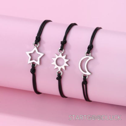 Friendship Black String Bracelets | Silver Star Sun Moon Bracelet Set