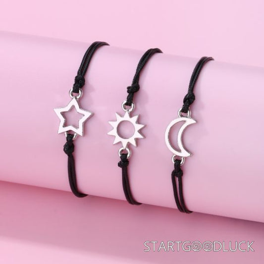 Friendship Black String Bracelets | Silver Star Sun Moon Bracelet Set