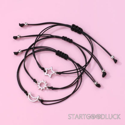 Friendship Black String Bracelets | Silver Star Sun Moon Bracelet Set