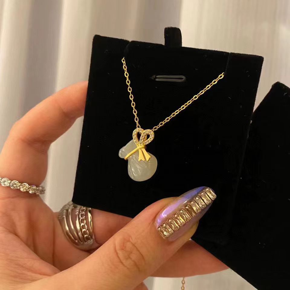 Gold-Plated Jade Gourd Pendant Zircon Balance and Harmony Necklace