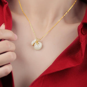 Gold-Plated Jade Gourd Pendant Zircon Balance and Harmony Necklace
