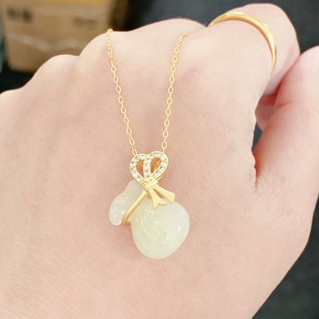 Gold-Plated Jade Gourd Pendant Zircon Balance and Harmony Necklace