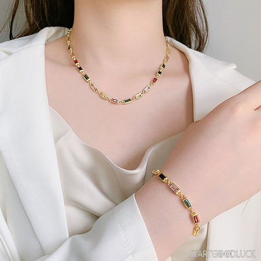 Gold-plated necklace - Sparkling color-block glass stone necklace
