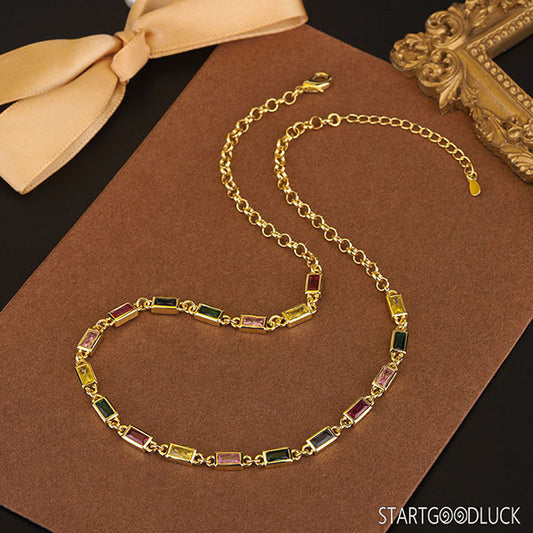 Gold-plated necklace - Sparkling color-block glass stone necklace