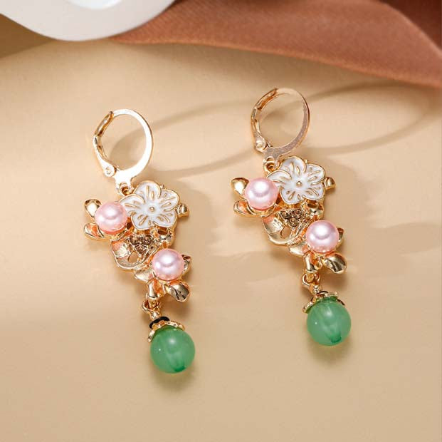 Gold Leaves Pearl Flower Green Bead Drop Earrings