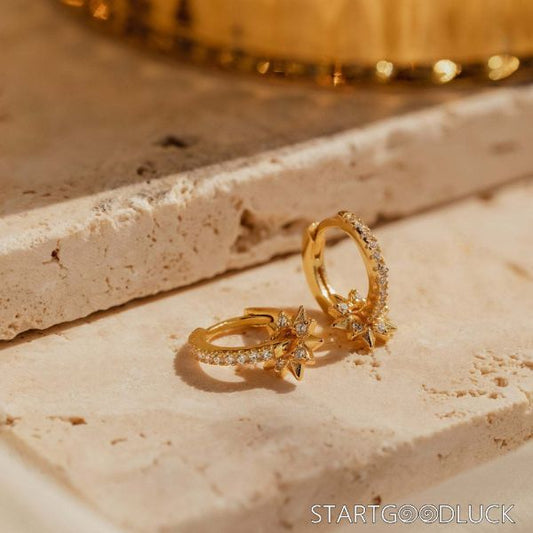 Gold Star Hoop Earrings - Diamond-Studded Chic for Daily & Party Looks