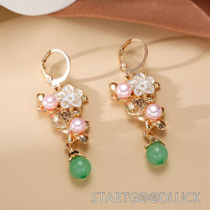 Gold Leaves Pearl Flower Green Bead Drop Earrings
