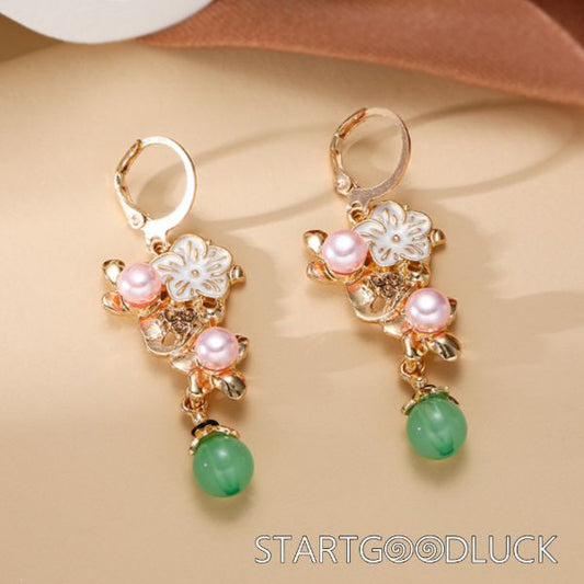 Gold Leaves Pearl Flower Green Bead Drop Earrings