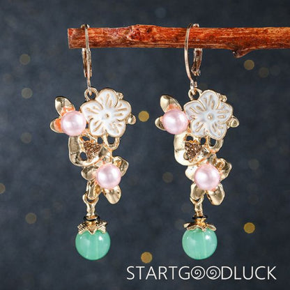 Gold Leaves Pearl Flower Green Bead Drop Earrings