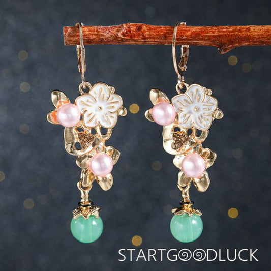 Gold Leaves Pearl Flower Green Bead Drop Earrings