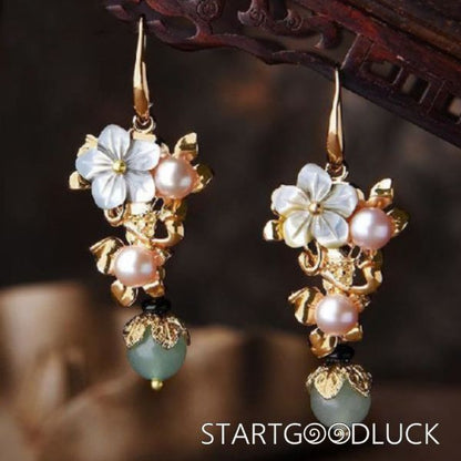 Gold Leaves Pearl Flower Green Bead Drop Earrings