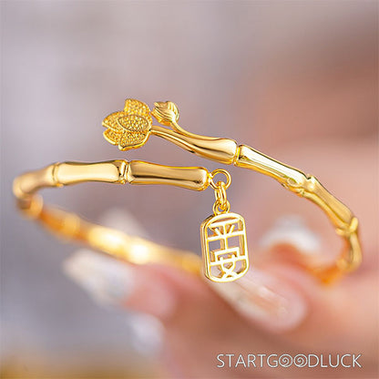 Golden Bamboo Lotus Bangle - Chinese Style Golden Bangle