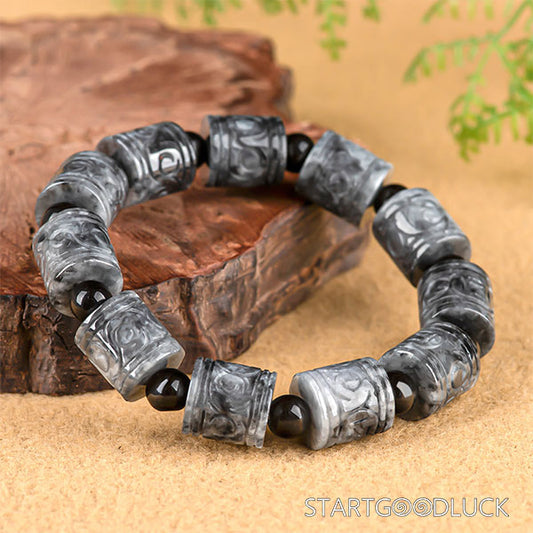 Gray-Black Jadeite Carved Barrel Bead Bracelet | Jadeite Bracelet & Bead Bracelet