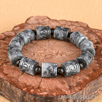 Gray-Black Jadeite Carved Barrel Bead Bracelet | Jadeite Bracelet & Bead Bracelet