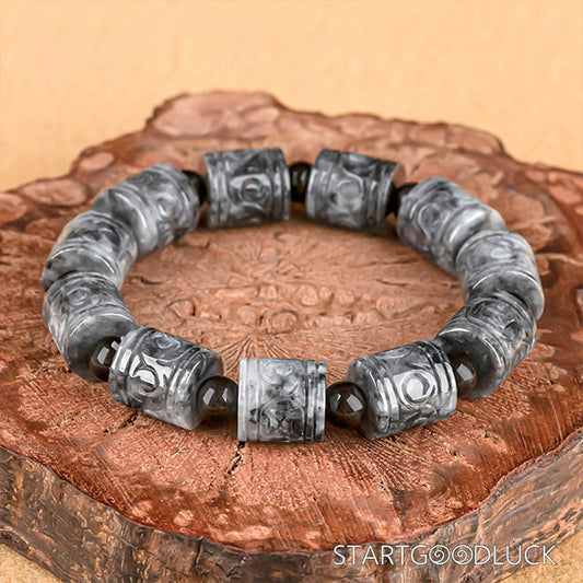 Gray-Black Jadeite Carved Barrel Bead Bracelet | Jadeite Bracelet & Bead Bracelet