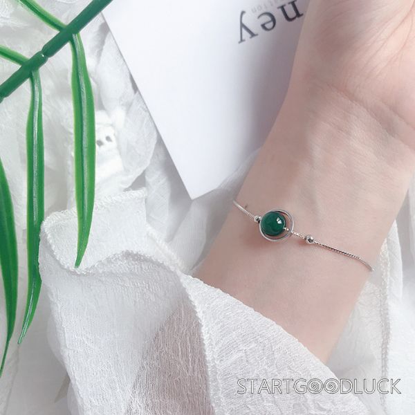 Green Agate Bead Bracelet - Minimalist Agate Sterling Silver Bracelet