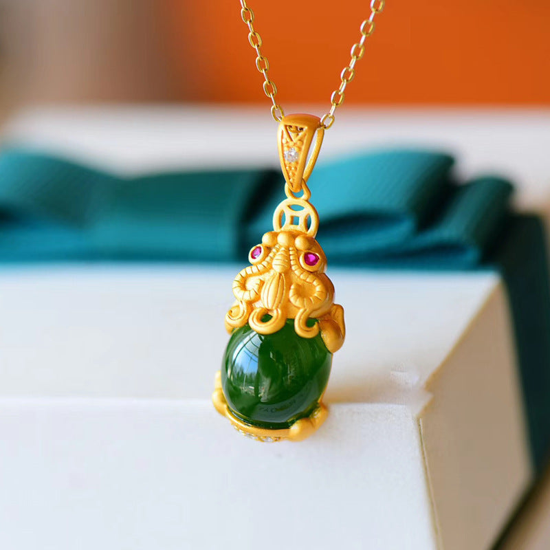 Green Or White Jade Pixiu Pendant Gold Plated Chain Prosperity and Wealth Necklace