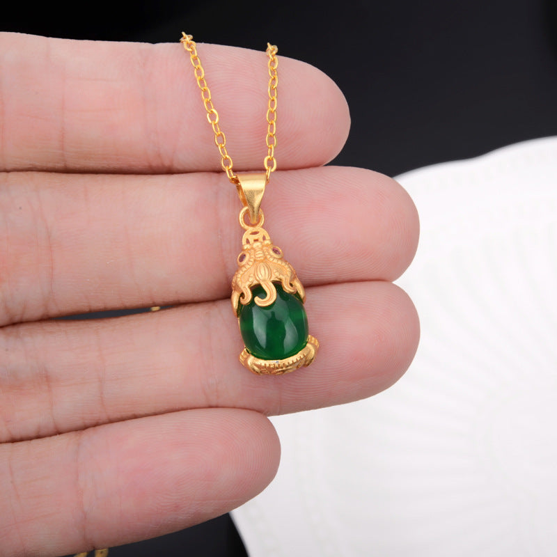 Green Or White Jade Pixiu Pendant Gold Plated Chain Prosperity and Wealth Necklace