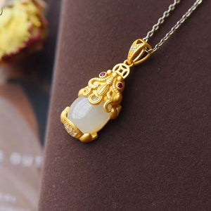 Green Or White Jade Pixiu Pendant Gold Plated Chain Prosperity and Wealth Necklace